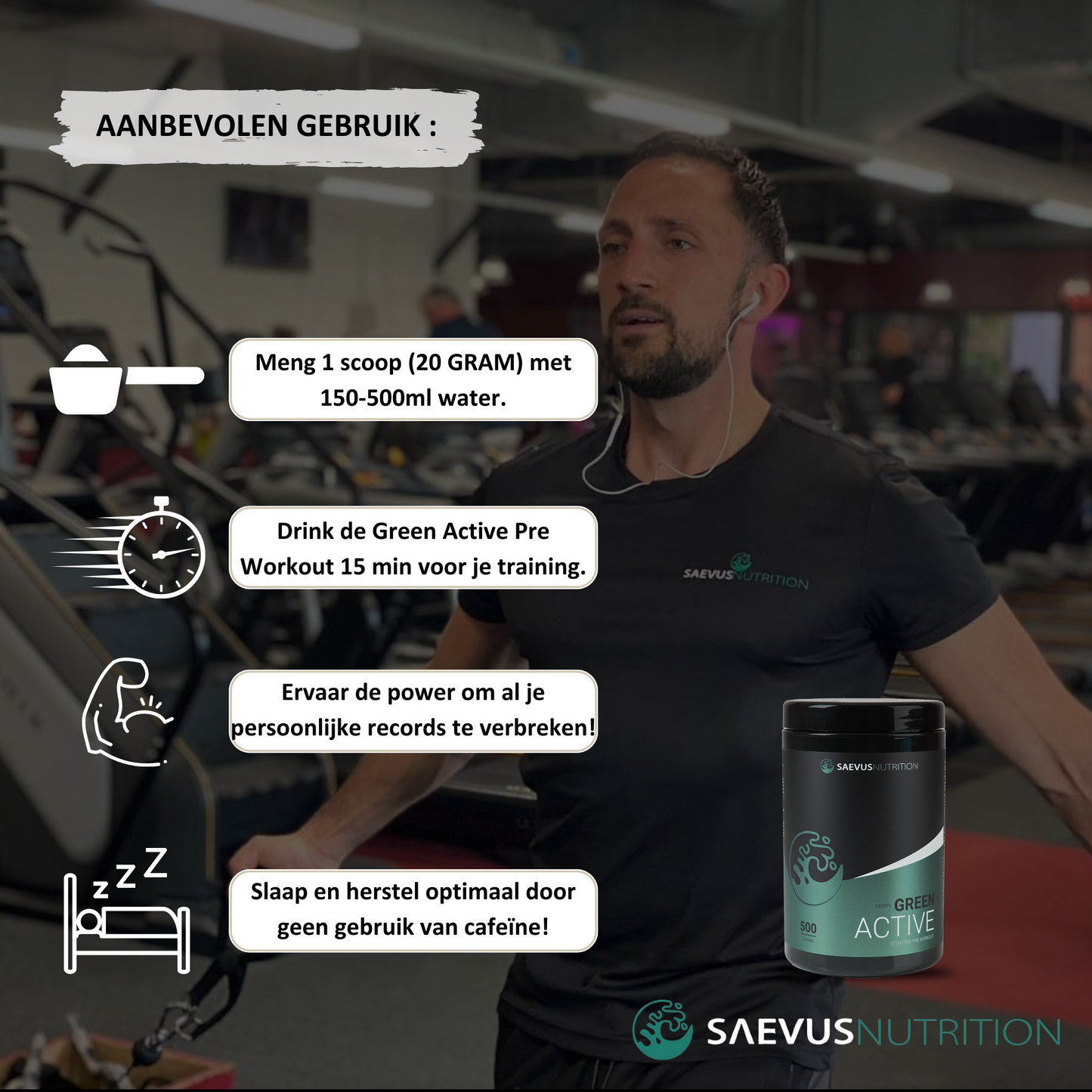 aanbevolen gebruik green active pre workout met man in gym